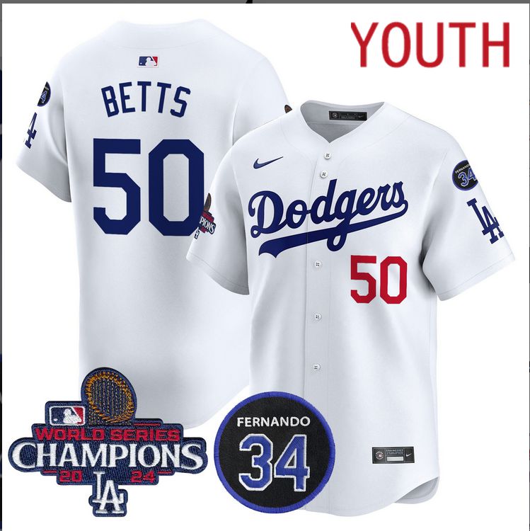 Youth  MLB Los Angeles Dodgers  #50 Betts white 2024 World Series Champions Patch Limited Jersey